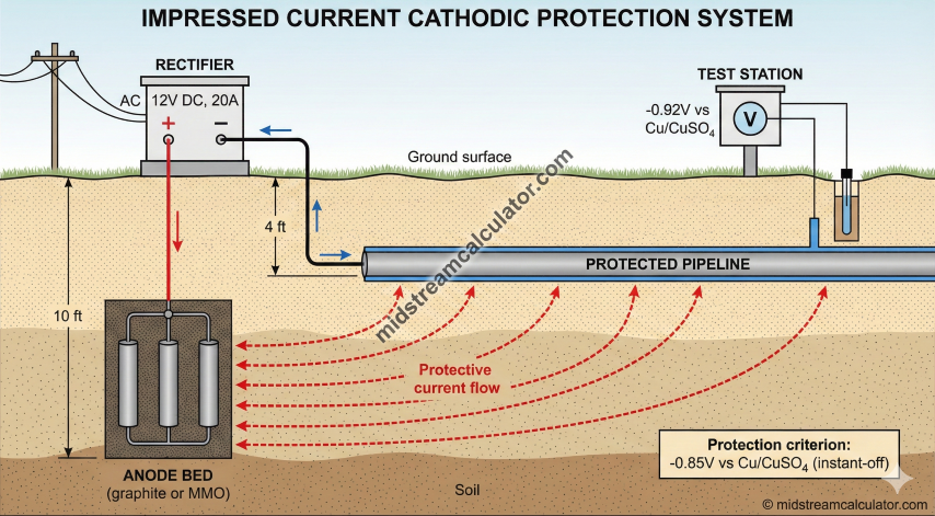 Cathodic protection system showing rectifier, anode bed, pipeline, and test station